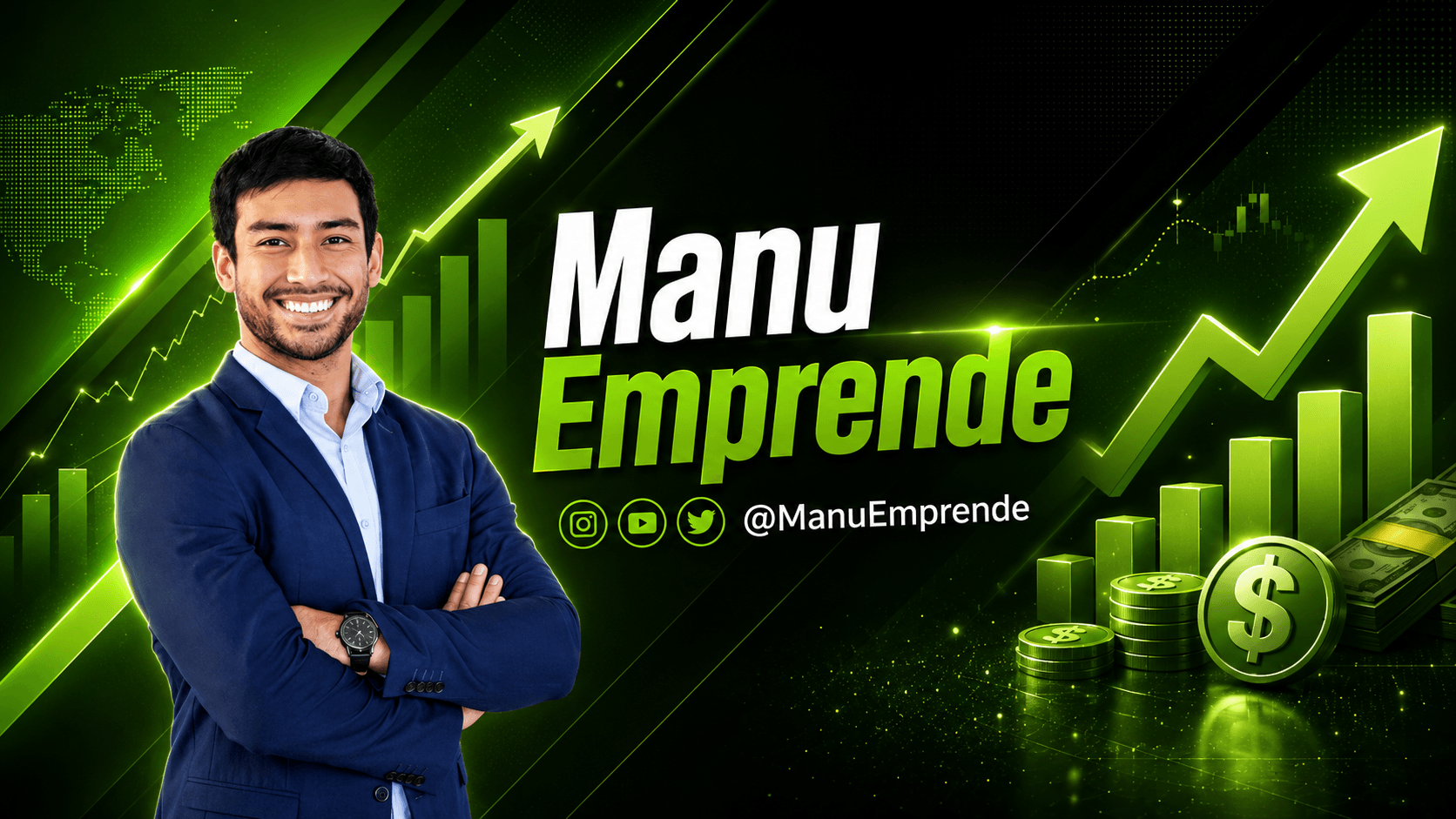Banner profesional de Manu Emprende para un canal de finanzas y emprendimiento